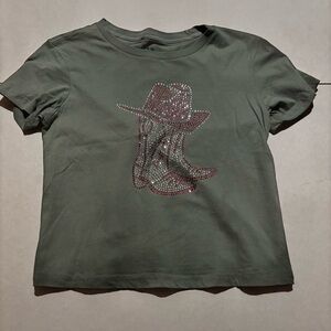 green goodie two sleeves pink and silver rhinestone cowboy boot graphic baby tee